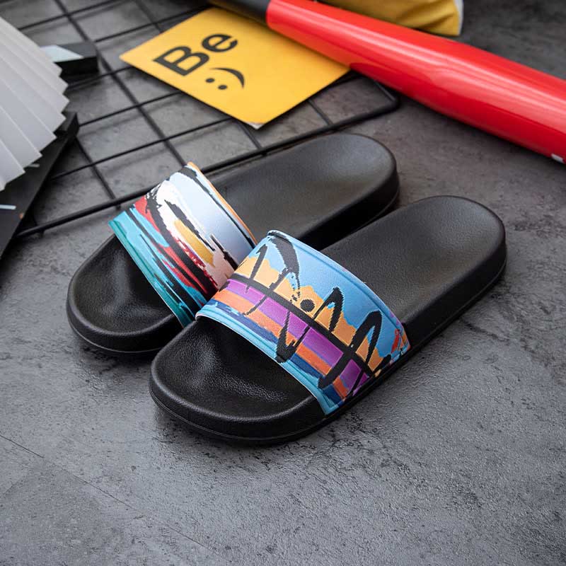 Plus Size Seaside Oil Painting Slides(2 Pairs) - Black - 3XL - image 7