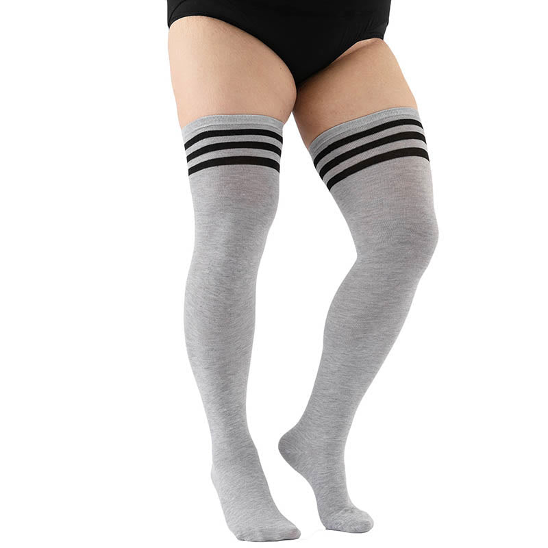 Plus Size Thick Stripes Thigh High Knee Socks - Grey - Fits 198lbs - image 8