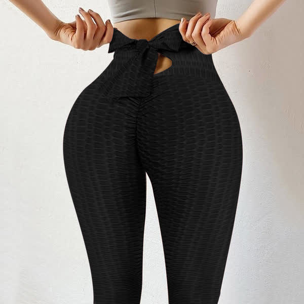 Bow Bubble Butt Lifting Sports Legging - Black - 3XL - image 9