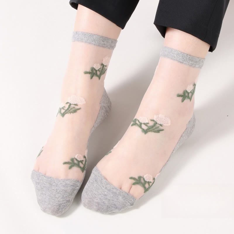 Elegant Flowers Quarter Socks(5 Pairs) - Grey - EU36-40(US3-7) - image 12