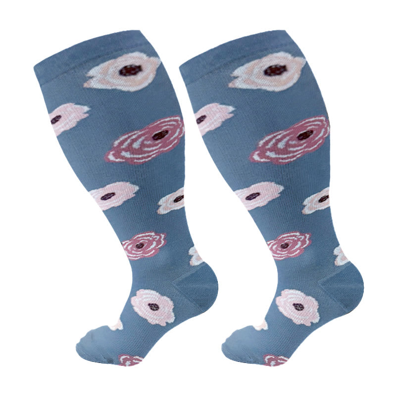 Plus Size Rose Chrysanthemum Compression Socks(3 Pairs) - Blue - 4XL - image 7
