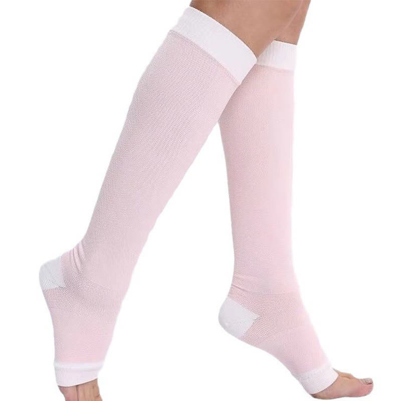 Simple Solid Color Open Toe Compression Socks(2 Pairs) - Pink - 2XL - image 1