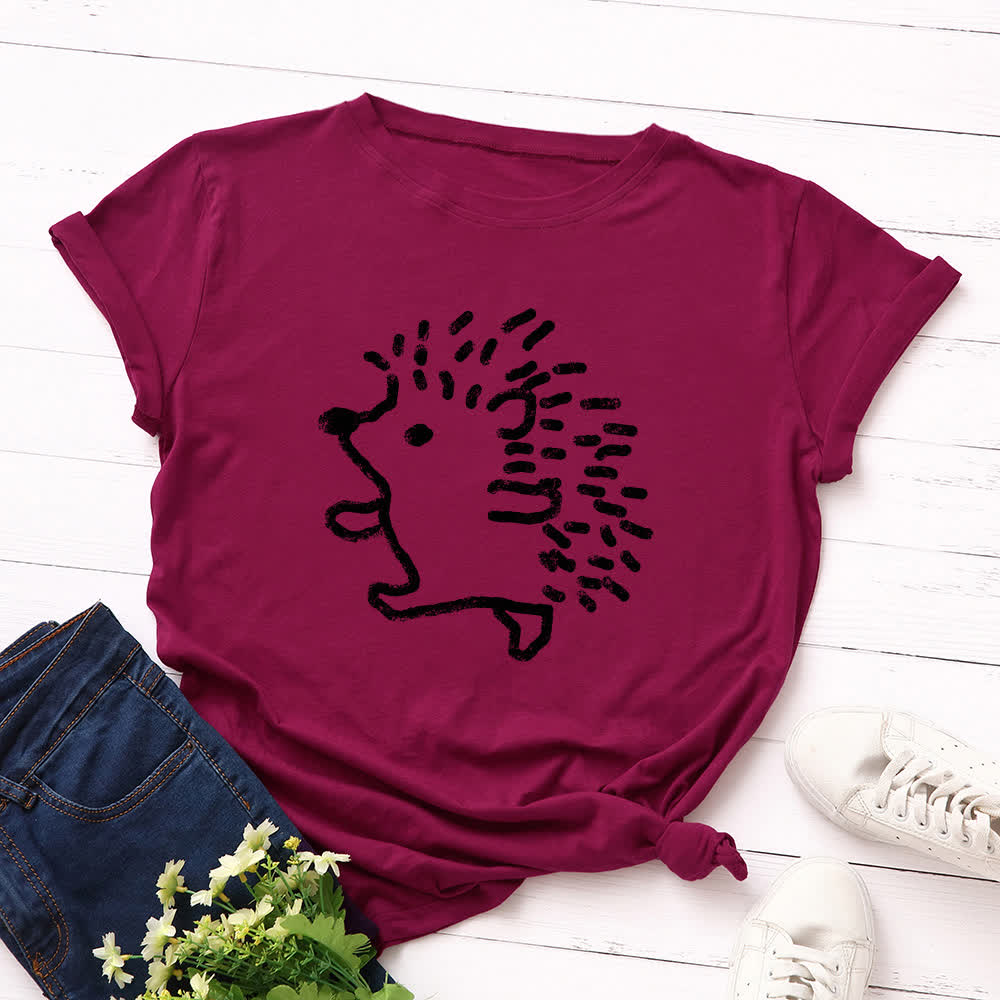 Plus Size Hedgehog Print Round Neck Short Sleeve T-Shirt - Wine - 5XL - image 11