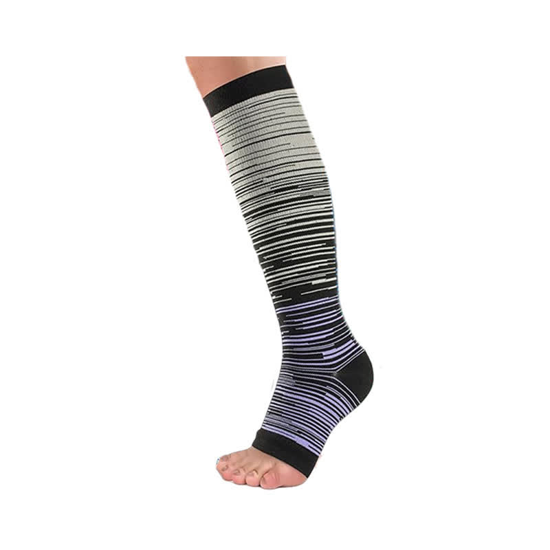 Black Striped Open Toe Compression Socks(3 Pairs) - Purple - 2XL - image 3