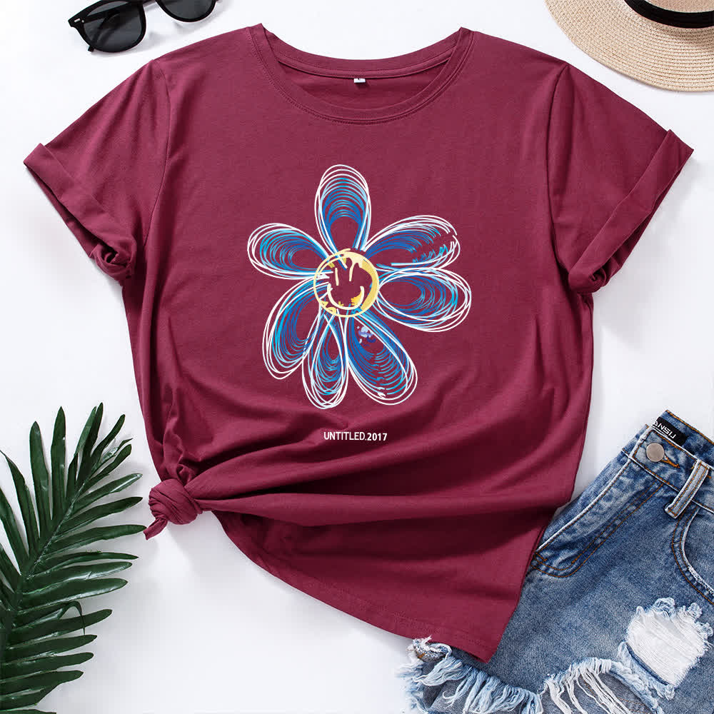 Plus Size Creative Floral Short Sleeve T-Shirt - Wine - 5XL - image 10