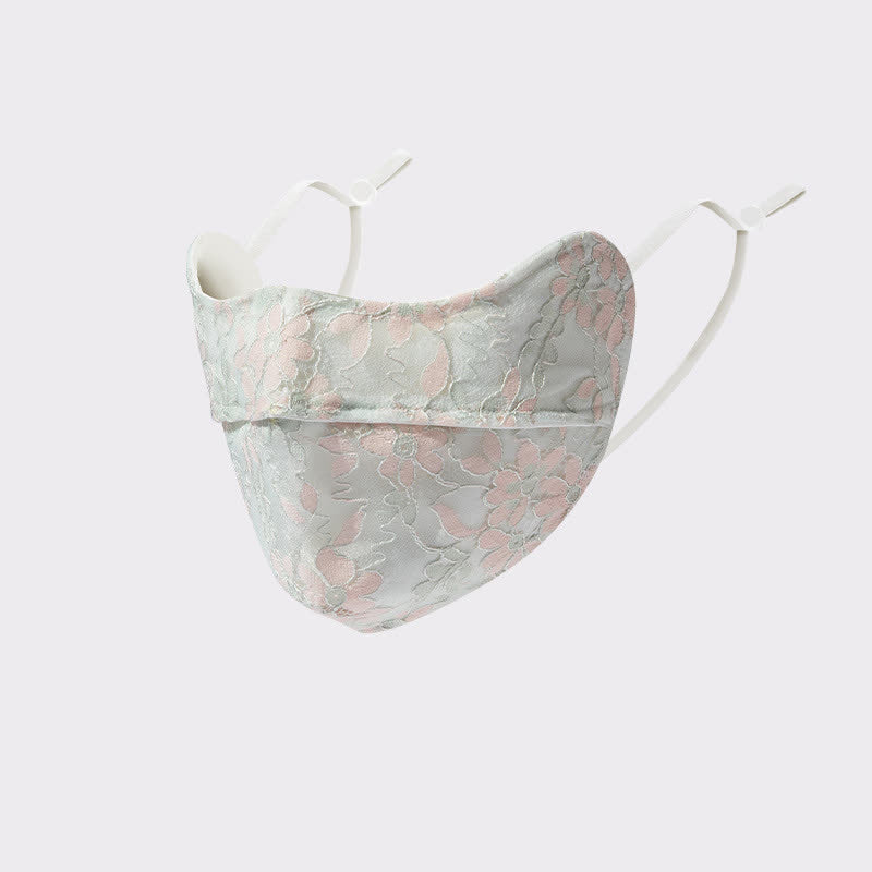 Flower Embroidered Lace Sun Mask - Pink&Green - One Size - image 13