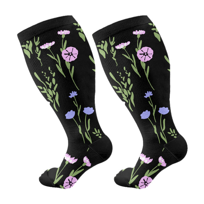 Plus Size Painted Flowers Compression Socks(3 Pairs) - image 7