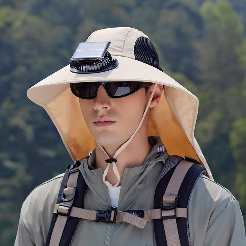 Outdoor Rechargeable Fan Breathable Bucket Hat - Beige - One Size - image 10