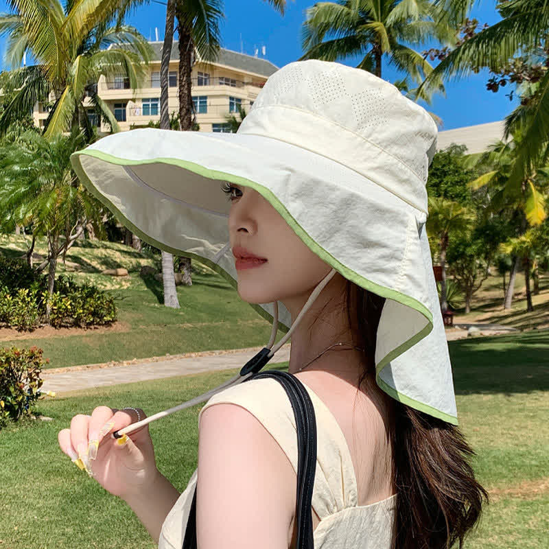 Wide Brim Sun Hat with Neck Flap - Beige - One Size - image 7