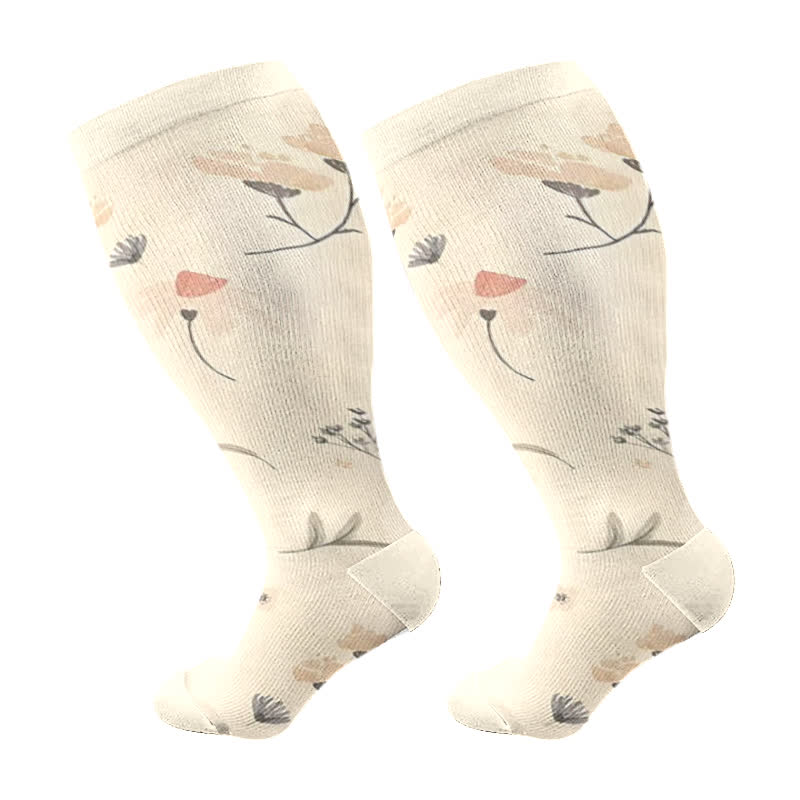 Plus Size Floral Leaf Series Compression Socks(3 Pairs) - Beige - 4XL - image 7