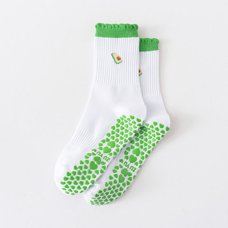 Cherry Heart Bow Avocado Grip Socks(4 Pairs) - Green - EU36-40(US3-7) - image 8