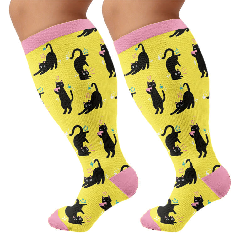 Plus Size Cute Playful Cat Compression Socks - Yellow - 4XL - image 7