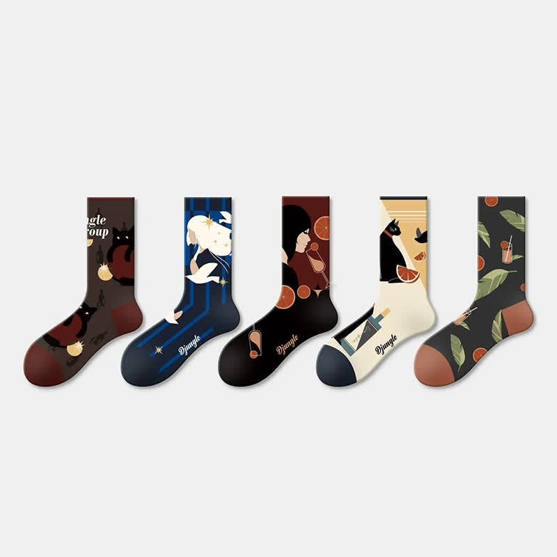 Bird Cat Pattern Quarter Socks(5 Pairs) - image 1