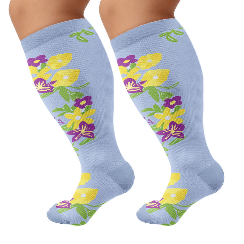Plus Size Floral Compression Socks(4 Pairs) - Blue - 4XL - image 9