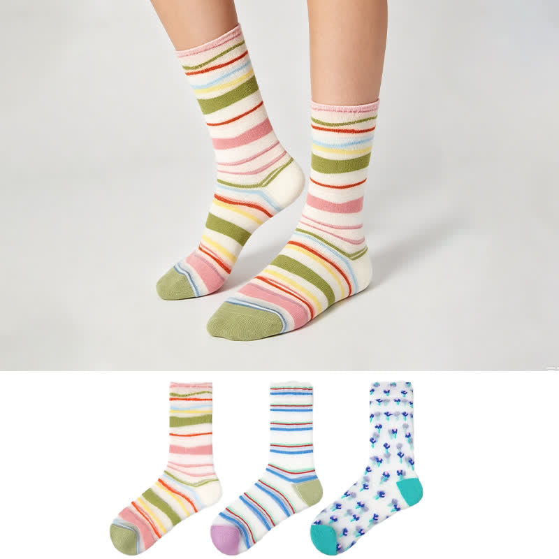 Colorblock Combed Striped Sheer Quarter Socks(3 Pairs) - image 0