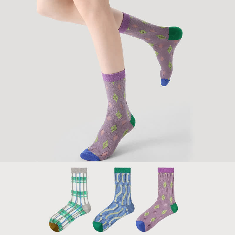 Diamond Colorblock Sheer Quarter Socks (3 Pairs) - image 0