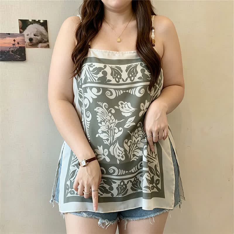 Plus Size Scarf Print Tank Top(2 Pieces) - Green - 3XL - image 4
