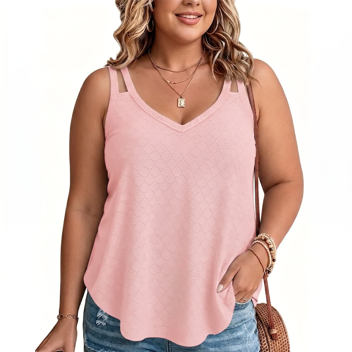 Plus Size Textured V Neck Tank Top - Pink - 5XL - image 9