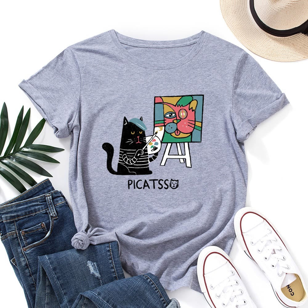 Plus Size Cartoon Cat Print T-shirt - Light Gray - 5XL - image 11