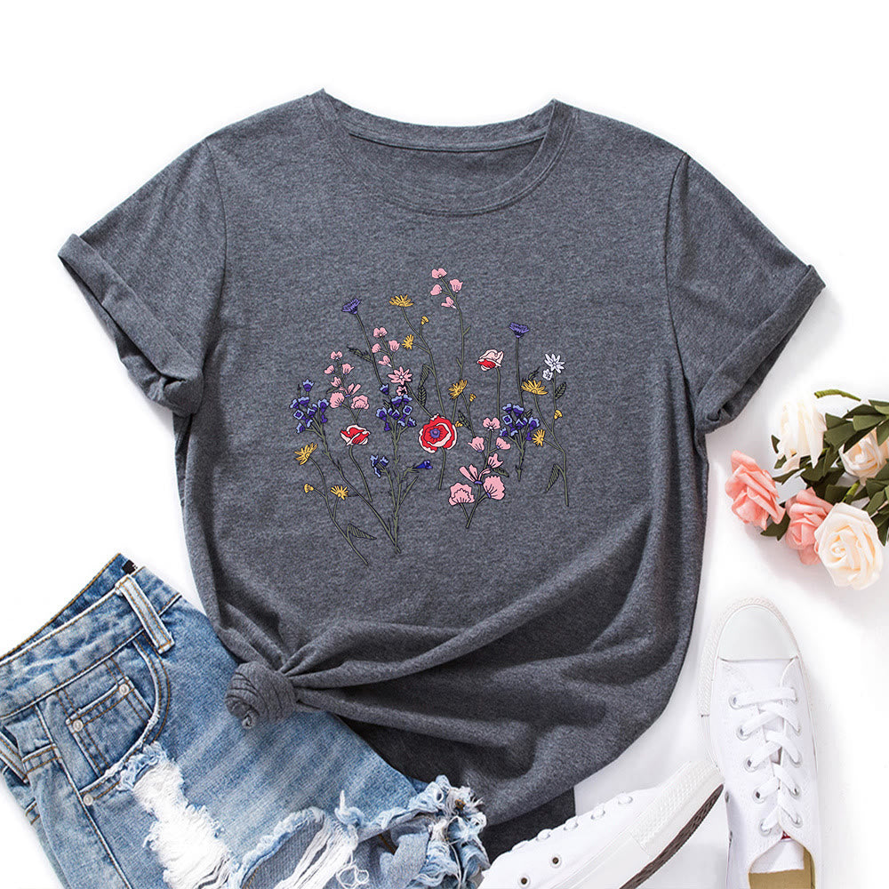 Plus Size Fresh Flowers Print T-shirt - Dark Grey - 5XL - image 11