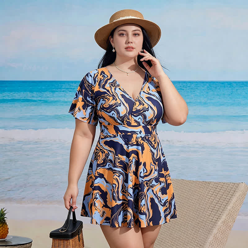 Floral V Neck Resort Swim Dress - D - 9XL - Two-Piece - image 6