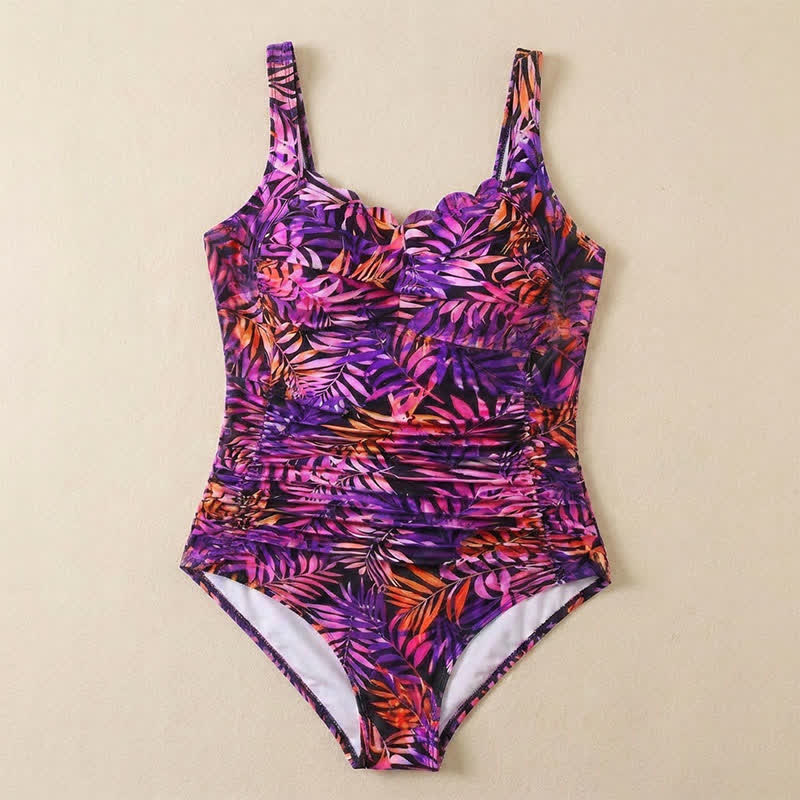 Vintage Flower Leaf Print Ruched One-Piece Swimsuit - image 19