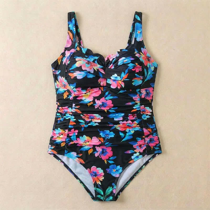 Vintage Flower Leopard Print Ruched One-piece Swimsuit - image 19