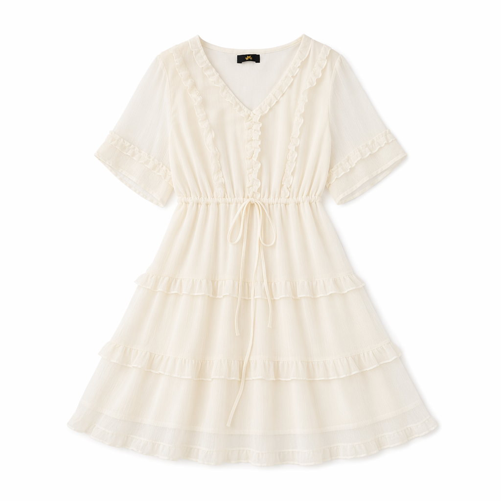 Plus Size Elegant V-Neck Ruffle Tie-Waist Midi Dress - Beige - 7XL - image 7