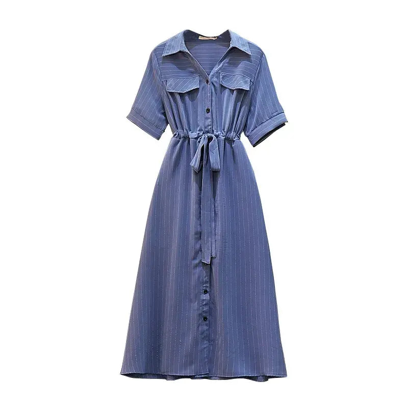 Plus-Size Striped Belted Skirt Midi Dress - Blue - 6XL - image 8
