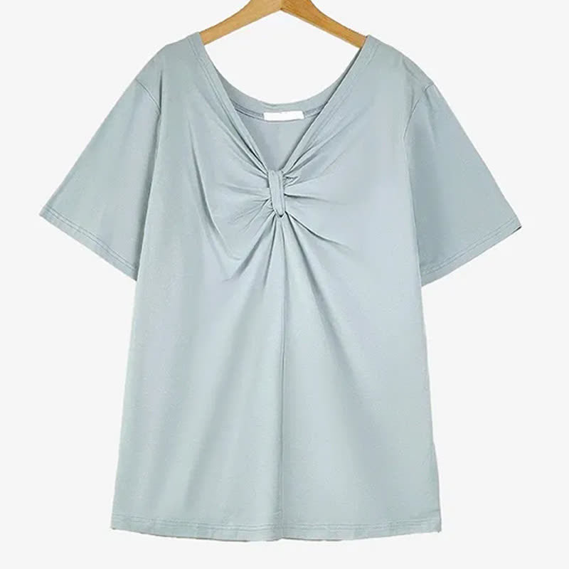 Plus Size Twist Front V Neck Cotton Stretch Blouse - Blue - 6XL - image 6