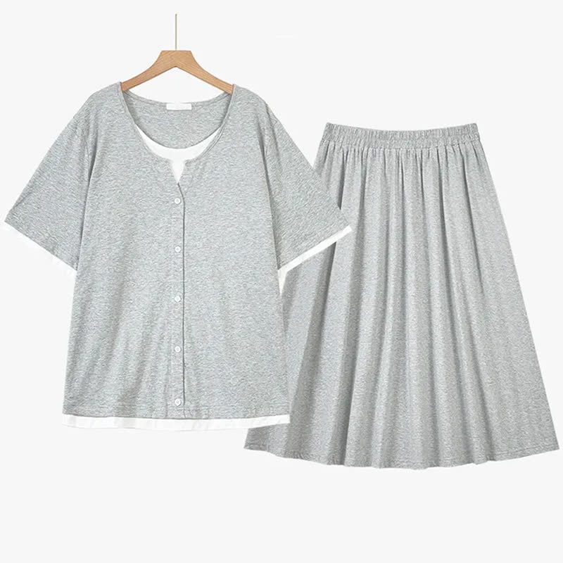 Soft Cotton Blend Contrast Trim Skirt Set - Grey - 6XL - image 6
