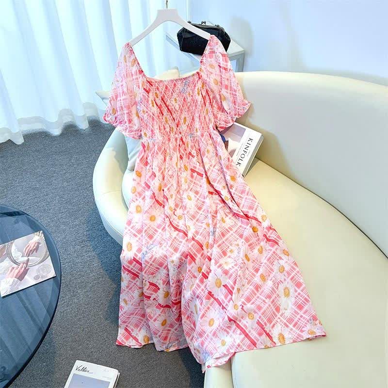 Plus Size Square Neck Puff Short Sleeve Plaid Daisy Print Summer Maxi Dress - image 7