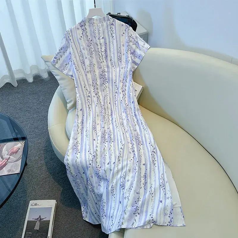 Plus Size Loose Floral Stripe Mandarin collar Summer Maxi Dress - image 6