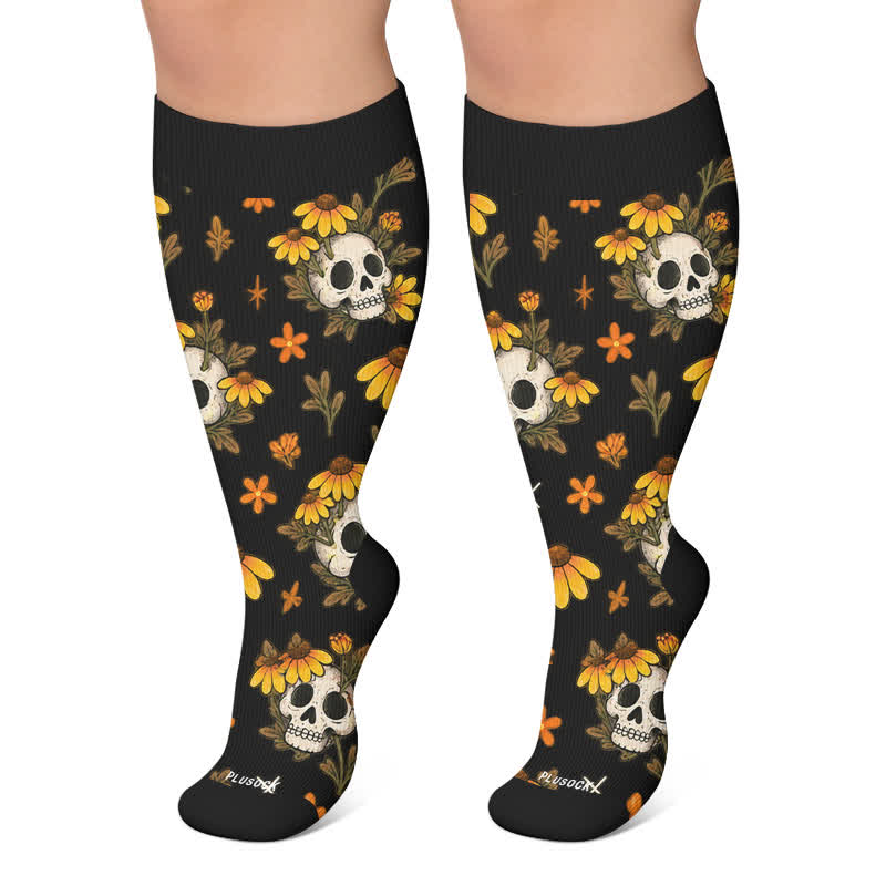 Plus Size Cat Mushroom Skull Compression Socks - Black - 4XL - image 2