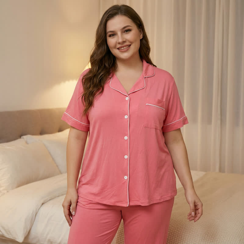 Modal Button Front Pajama Set - Pink - 5XL - image 4