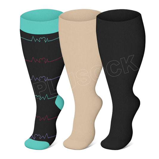 Blue Electrocardiogram Solid Plus Size Compression Socks(3 Pairs) - Blue&Black&Skin - 4XL - image 0