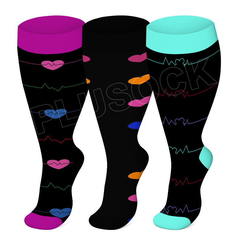 Electrocardiogram Heart Plus Size Compression Socks(3 Pairs) - Multicolor - 4XL - image 0