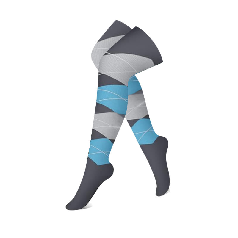 Gray Blue Colorblock Thigh High Compression Socks(3 Pairs) - Rhombus - S/M - image 4
