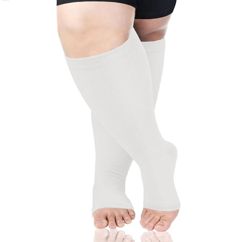 Plus Size Solid Color Open Toe Compression Socks(3 Pairs) - White - 4XL - image 4
