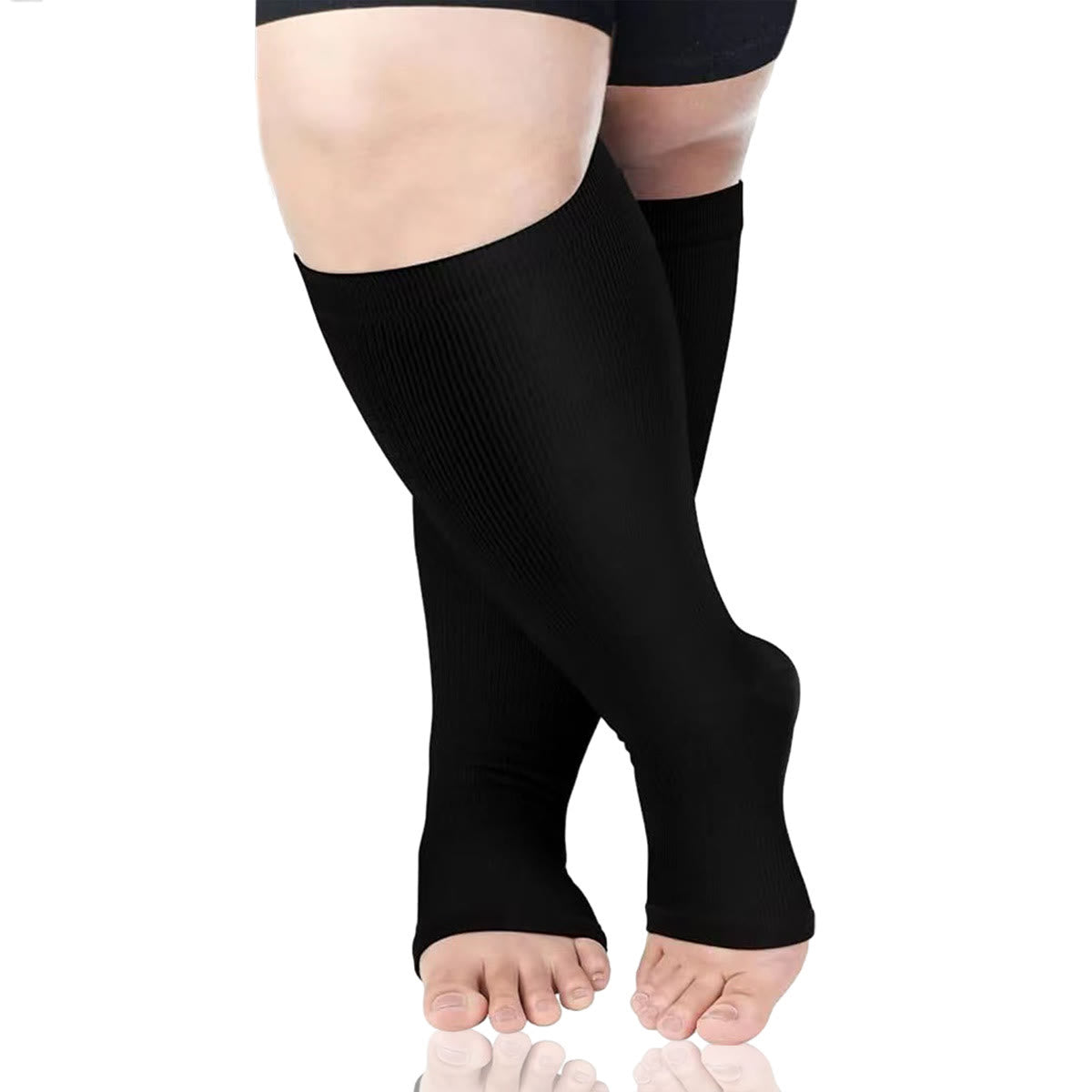 Plus Size Solid Color Open Toe Compression Socks(3 Pairs) - Black - 4XL - image 2
