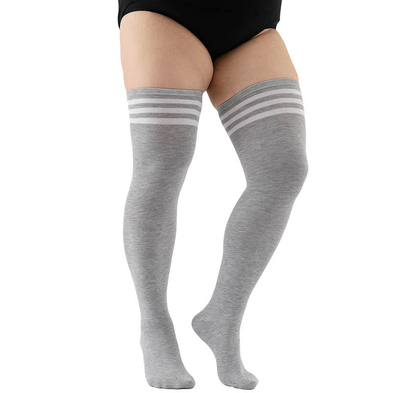 Plus Size Thick Stripes Thigh High Knee Socks - Light Gray - Fits 198lbs - image 7