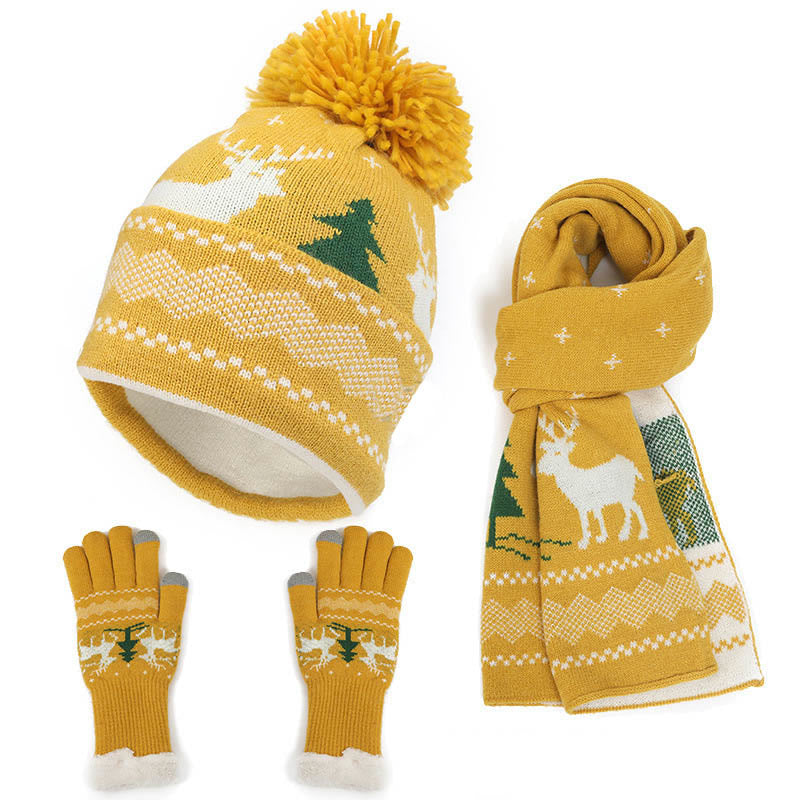 Christmas Style Beanie Scarf Gloves 3 In 1 Set - Yellow - One Size - image 1