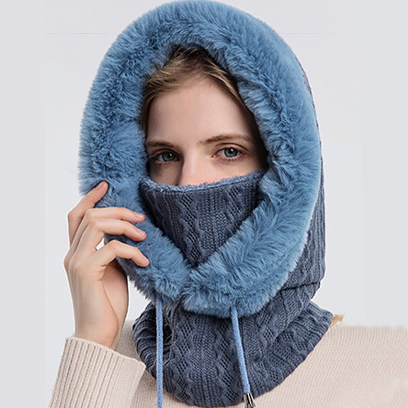 Solid Color Cold Protection Hooded Scarf - Navy Blue - One Size - image 12