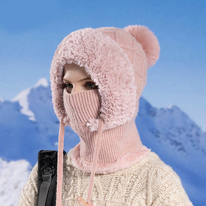 Drawstring Knit Hooded Scarf - Pink - One Size - image 5