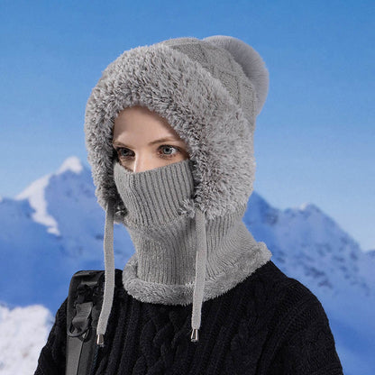 Drawstring Knit Hooded Scarf - Grey - One Size - image 8