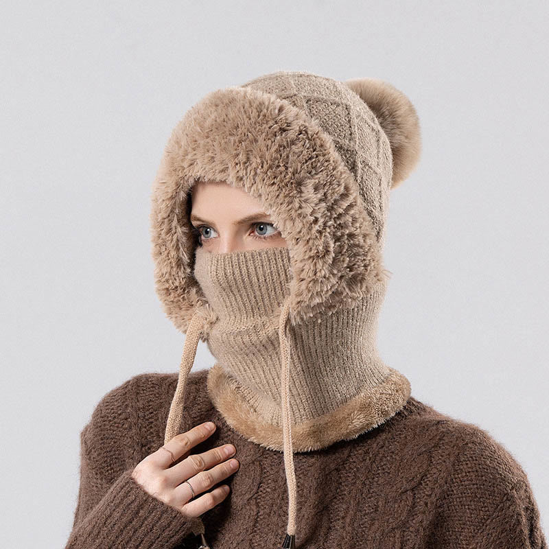 Drawstring Knit Hooded Scarf - Khaki - One Size - image 6