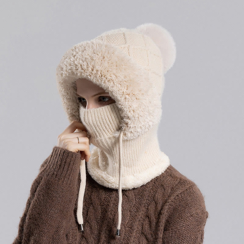 Drawstring Knit Hooded Scarf - Beige - One Size - image 10