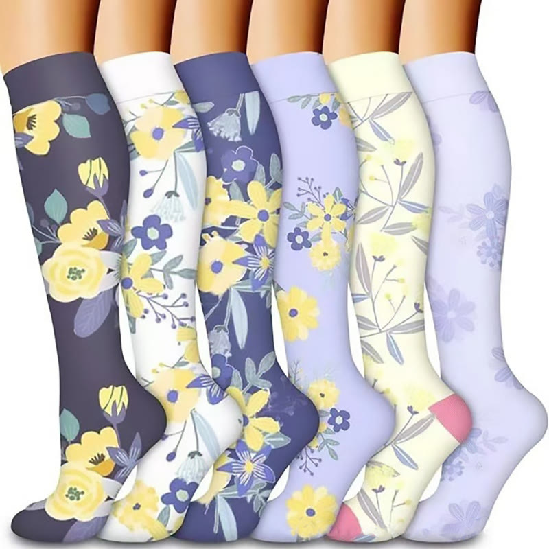 Purple Yellow Flowers Compression Socks(6 Pairs) - Multicolor - S/M - image 0