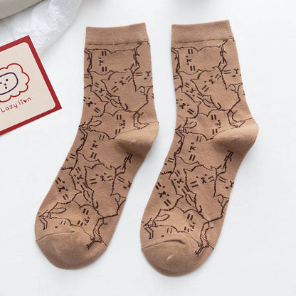 Line Cat Quarter Socks(5 Pairs) - Coffee - EU36-40(US3-7) - image 13