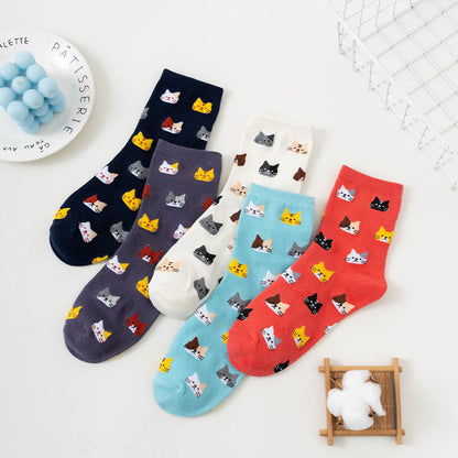 Cartoon Cat Head Quarter Socks(5 Pairs) - image 0